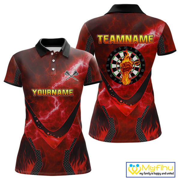 Custom Red Fire Flame Strong Dart Team Polo Shirt For Women, Dart Jerseys NYN0543
