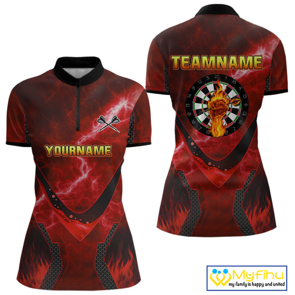 Custom Red Fire Flame Strong Dart Team Quarter-Zip Shirt For Women, Dart Jerseys NYN0543