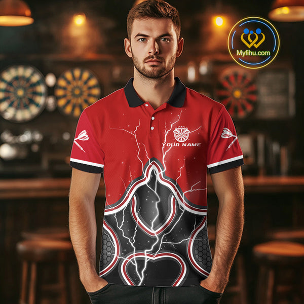 Custom Red Thunder Lightning Lion Skull Dart Polo Shirt For Men, Dart League Shirt NYN0544