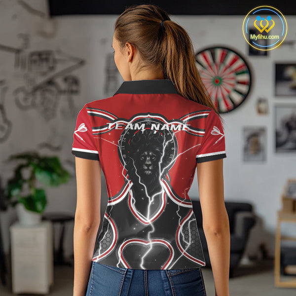 Custom Red Thunder Lightning Lion Skull Dart Polo Shirt For Women, Dart League Shirt NYN0544