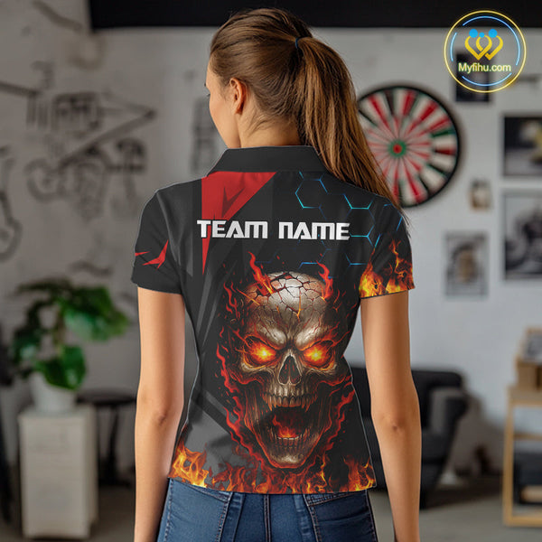 Custom Red Fire Flame Skull Dart Polo Shirts For Women, Halloween Dart Jersey NYN0556