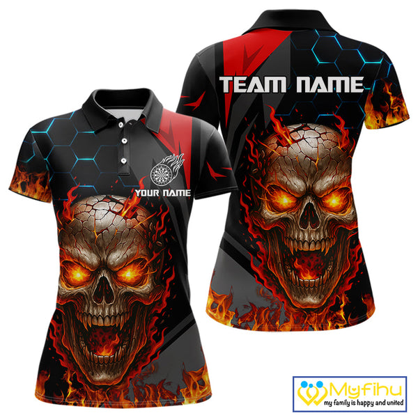 Custom Red Fire Flame Skull Dart Polo Shirts For Women, Halloween Dart Jersey NYN0556