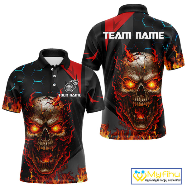 Custom Red Fire Flame Skull Dart Polo Shirts For Men, Halloween Dart Jersey NYN0556