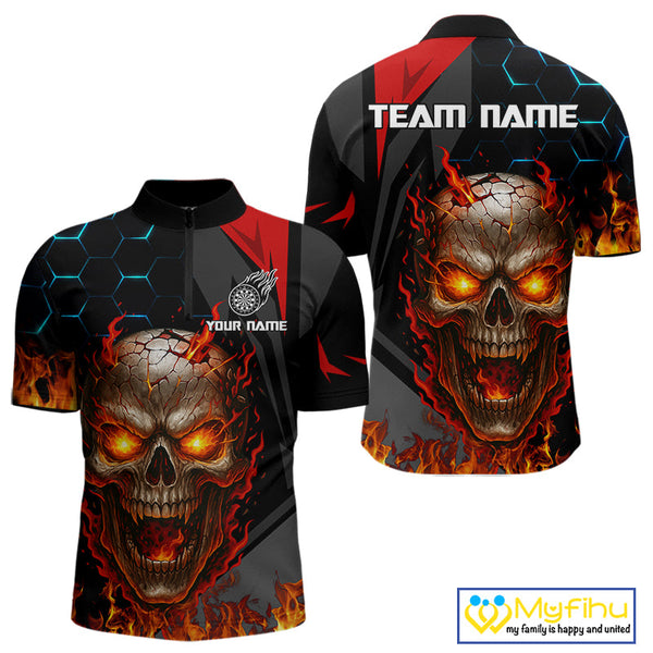 Custom Red Fire Flame Skull Dart Quarter-Zip Shirts For Men, Halloween Dart Jersey NYN0556