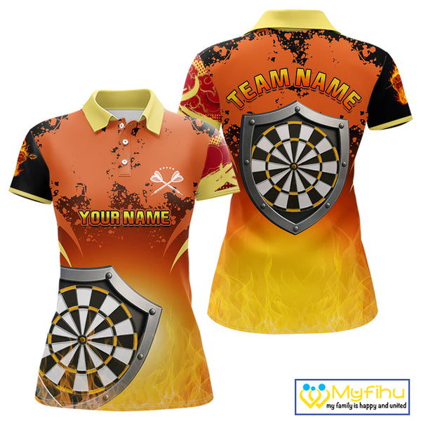 Custom Black And Orange Fire Flame Dart Team Polo Shirt For Women, Dart League Shirt NYN0564