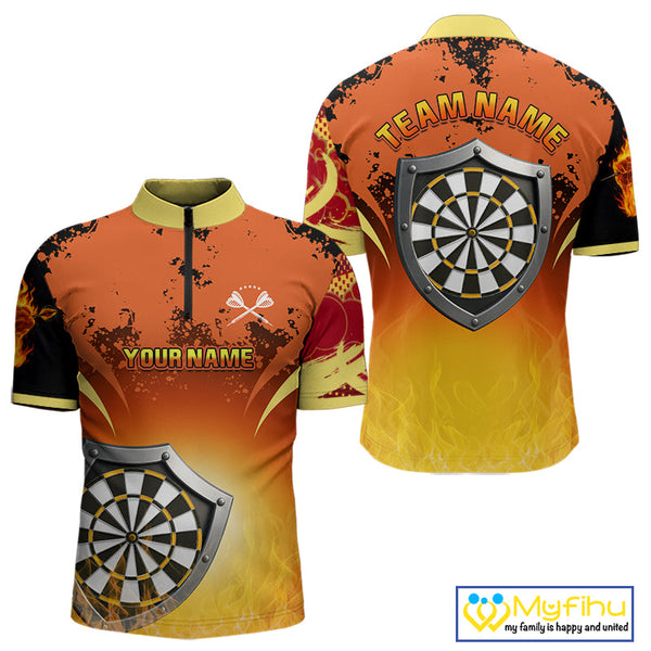 Custom Black And Orange Fire Flame Dart Team Quarter-Zip Shirt For Men, Dart League Shirt NYN0564