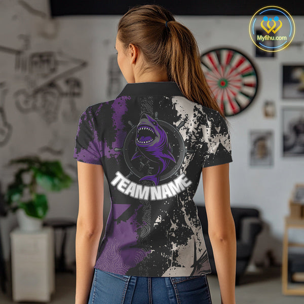 Custom Black And Purple Shark Dart Team Polo Shirt For Women, Dart Jerseys NYN0566