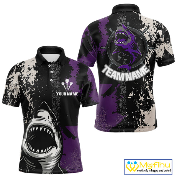 Custom Black And Purple Shark Dart Team Polo Shirt For Men, Dart Jerseys NYN0566