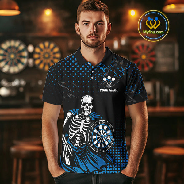 Custom Black And Blue Thunder Lightning Skull Dart Polo Shirt For Men, Dart Jersey NYN0567