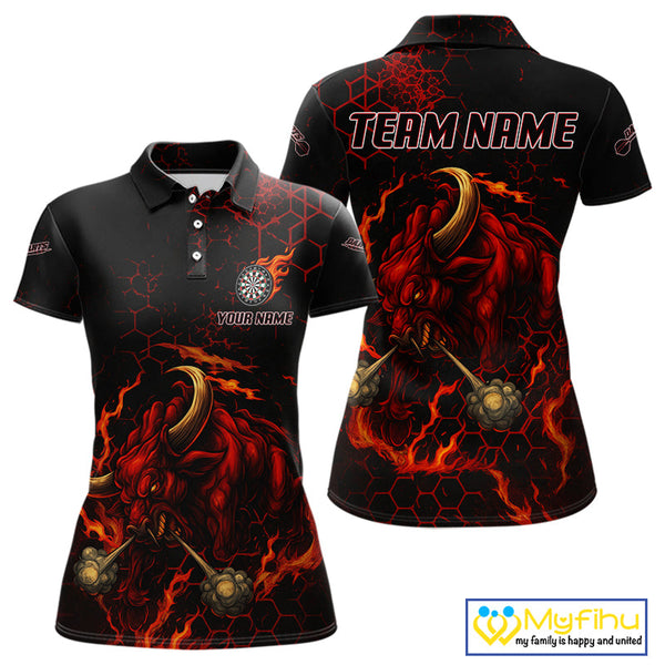 Custom Black And Red Fire Flame Bull Dart Team Polo Shirt For Women, Dart League Shirt NYN0571