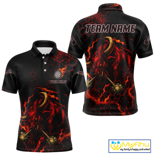 Custom Black And Red Fire Flame Bull Dart Team Polo Shirt For Men, Dart League Shirt NYN0571