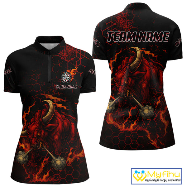Custom Black And Red Fire Flame Bull Dart Team Women Quarter-Zip Shirt, Dart League Shirt NYN0571