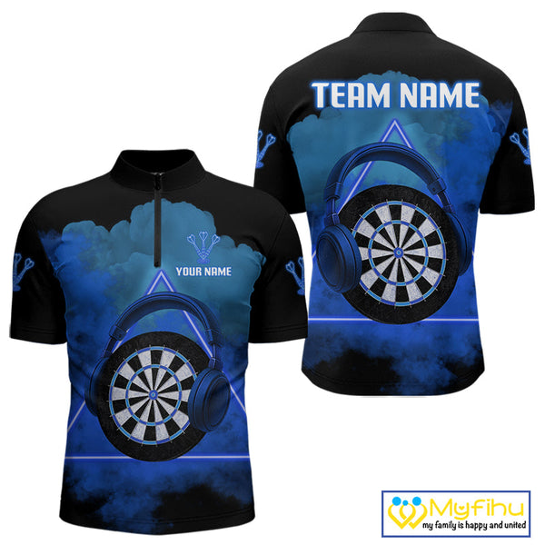 Custom Funny Blue Music Dart Quarter-Zip Shirt For Men, Dart Team Shirt NYN0580