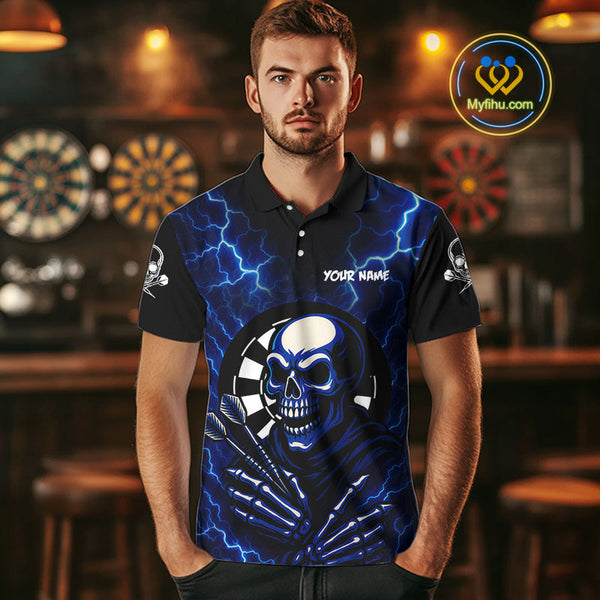Custom Blue Thunder Lightning Skull Dart Team Men Polo Shirt, Halloween Dart Outfit NYN0591