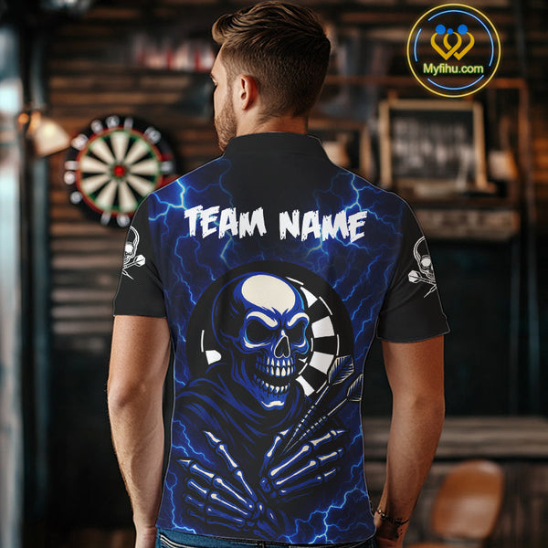 Custom Blue Thunder Lightning Skull Dart Team Men Polo Shirt, Halloween Dart Outfit NYN0591