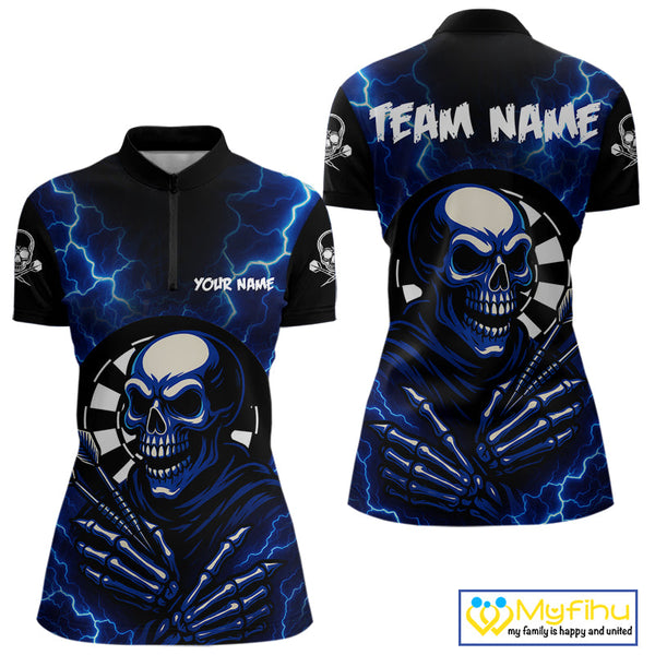 Custom Blue Thunder Lightning Skull Dart Women Quarter-Zip Shirt, Halloween Dart Outfit NYN0591