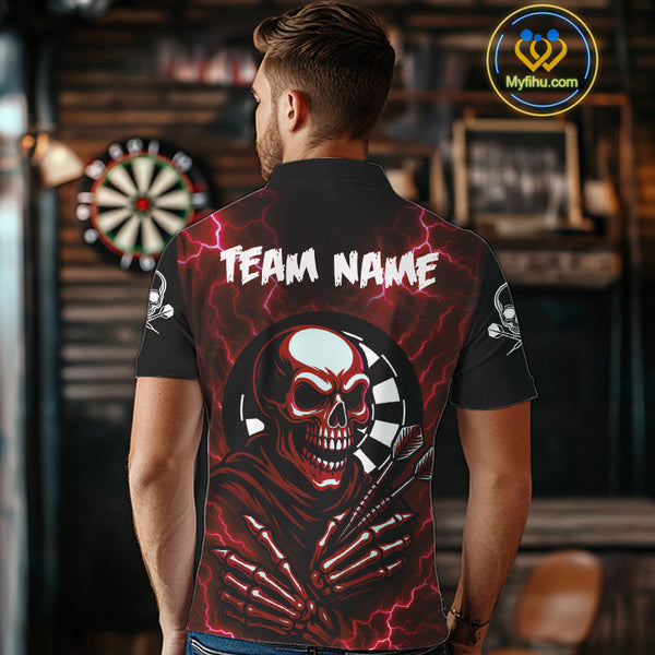 Custom Red Thunder Lightning Skull Dart Team Men Polo Shirt, Halloween Dart Outfit NYN0592