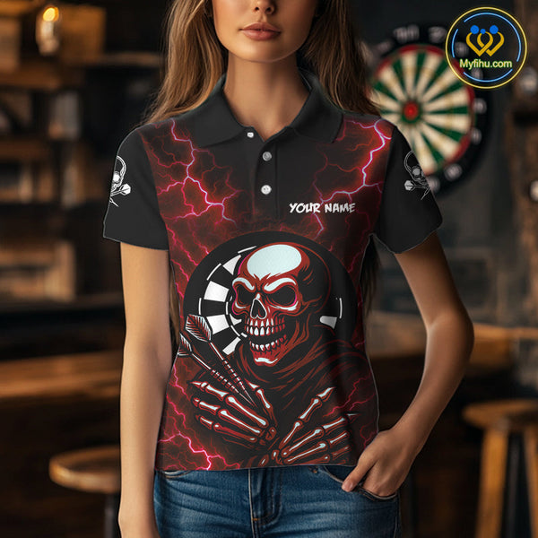 Custom Red Thunder Lightning Skull Dart Team Women Polo Shirt, Halloween Dart Outfit NYN0592
