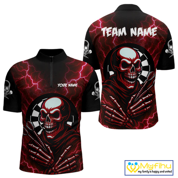 Custom Red Thunder Lightning Skull Dart Team Men Quarter-Zip Shirt, Halloween Dart Outfit NYN0592