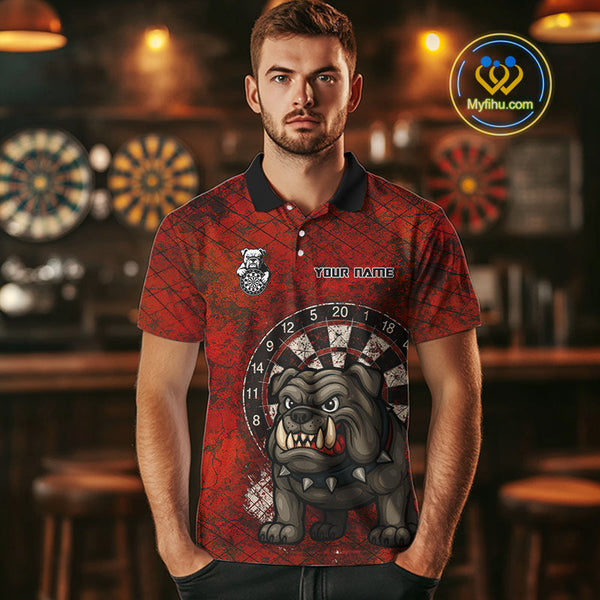 Custom Grunge Black And Red Bulldog Dart Polo Shirt For Men, Vintage Dart Shirt NYN0596