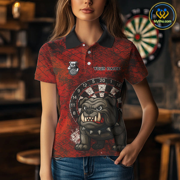 Custom Grunge Black And Red Bulldog Dart Polo Shirt For Women, Vintage Dart Shirt NYN0596
