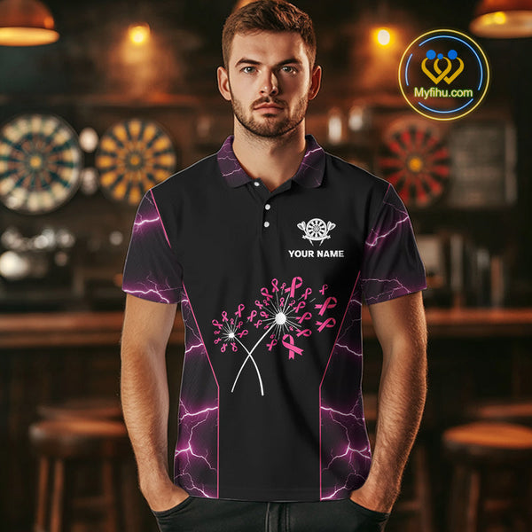 Custom Thunder Lightning Pink Breast Cancer Ribbon Dart Team Men Polo Shirt NYN0601