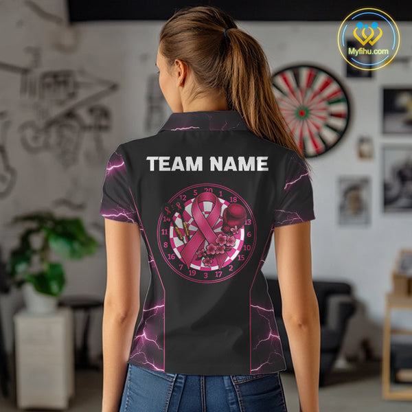 Custom Thunder Lightning Pink Breast Cancer Ribbon Dart Team Women Polo Shirt NYN0601
