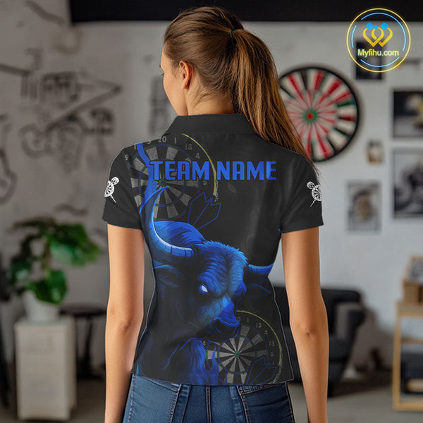 Custom Black And Blue Bull Dart Polo Shirt For Women, Bull Dart Jerseys NYN0610