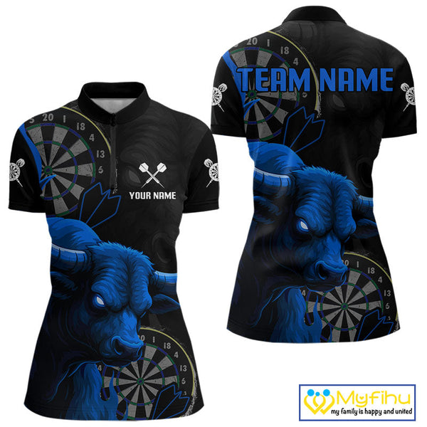 Custom Black And Blue Bull Dart Quarter-Zip Shirt For Women, Bull Dart Jerseys NYN0610