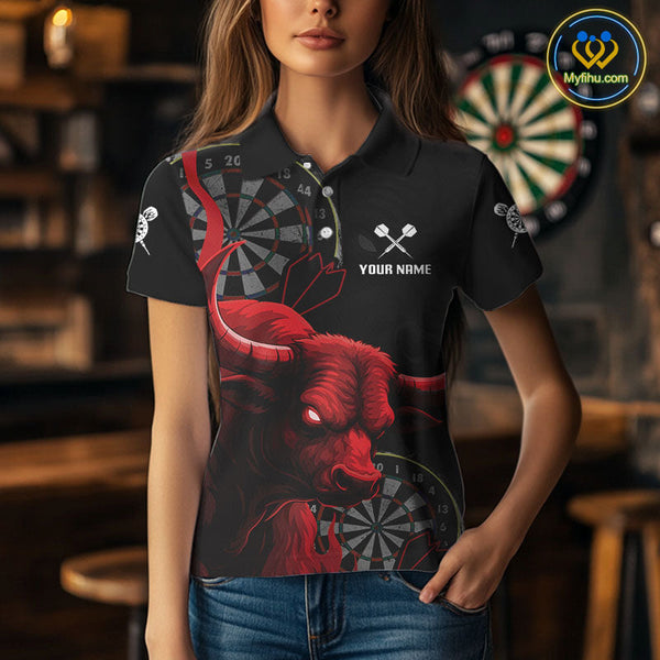 Custom Black And Red Dart Polo Shirt For Women, Bull Dart Jerseys NYN0611