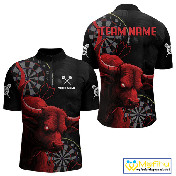 Custom Black And Red Dart Quarter-Zip Shirt For Men, Bull Dart Jerseys NYN0611