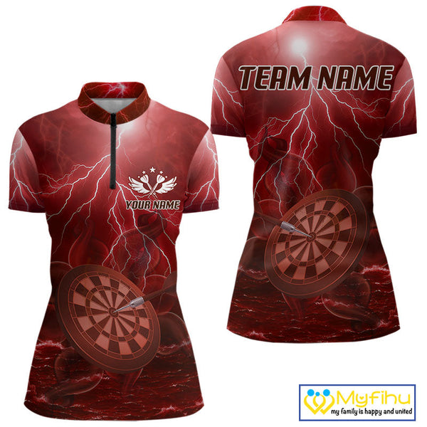 Custom Red Thunder Lightning Darts Team Quarter-Zip Shirts For Women, Dart Jersey NYN0615
