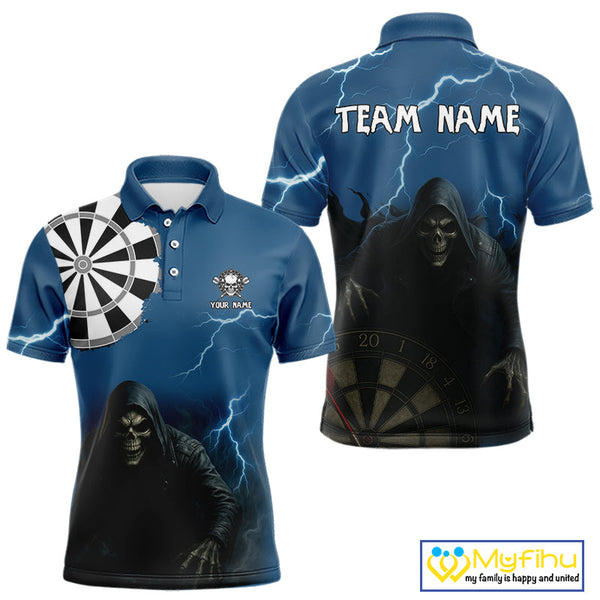 Custom Blue Thunder Lightning Grim Reaper Dart Team Men Polo Shirt, Halloween Dart Outfit NYN0351
