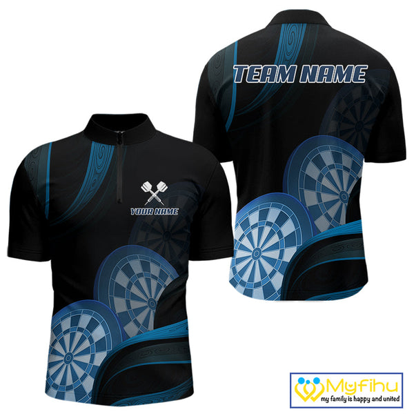 Custom Black And Blue Dart Team Quarter-Zip Shirt For Men, Dart Tournament Shirt NYN0622