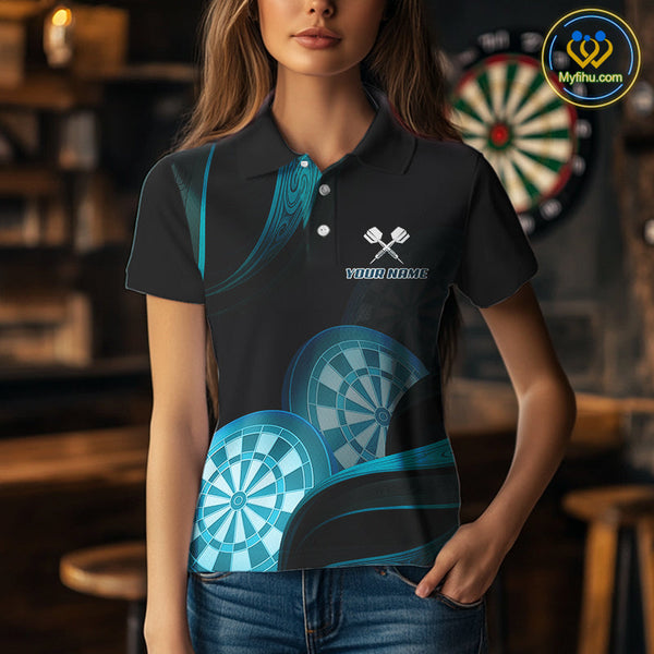 Custom Black And Turquoise Blue Dart Team Polo Shirt For Women, Dart Tournament Shirt NYN0623