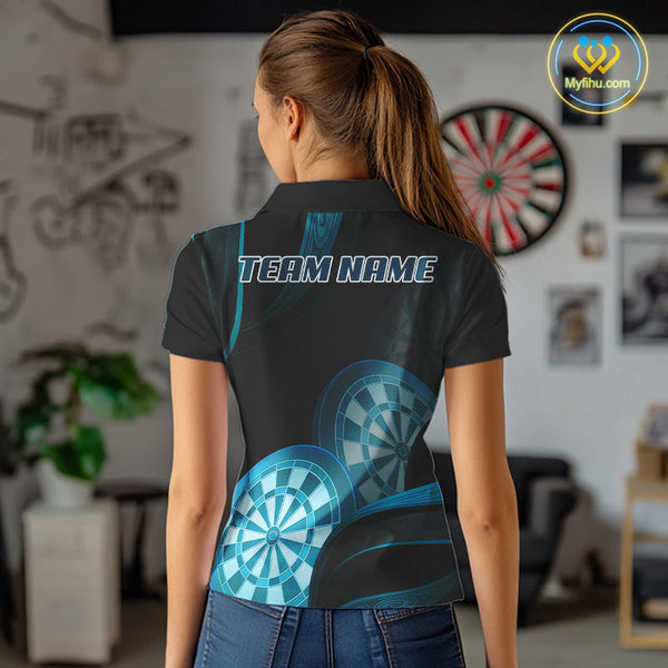 Custom Black And Turquoise Blue Dart Team Polo Shirt For Women, Dart Tournament Shirt NYN0623