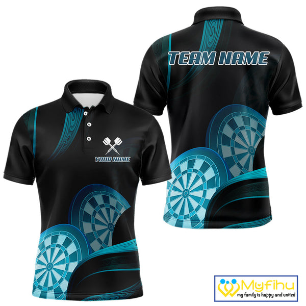 Custom Black And Turquoise Blue Dart Team Polo Shirt For Men, Dart Tournament Shirt NYN0623