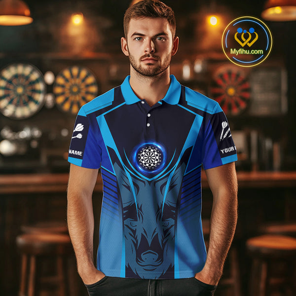 Custom Black And Blue Fox Dart Polo Shirts For Men, Dart Team Tournament Shirt NYN0366