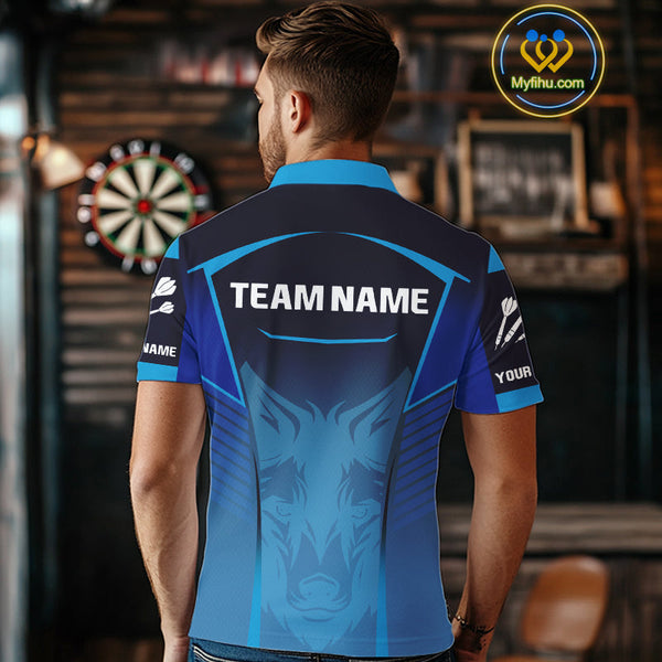 Custom Black And Blue Fox Dart Polo Shirts For Men, Dart Team Tournament Shirt NYN0366