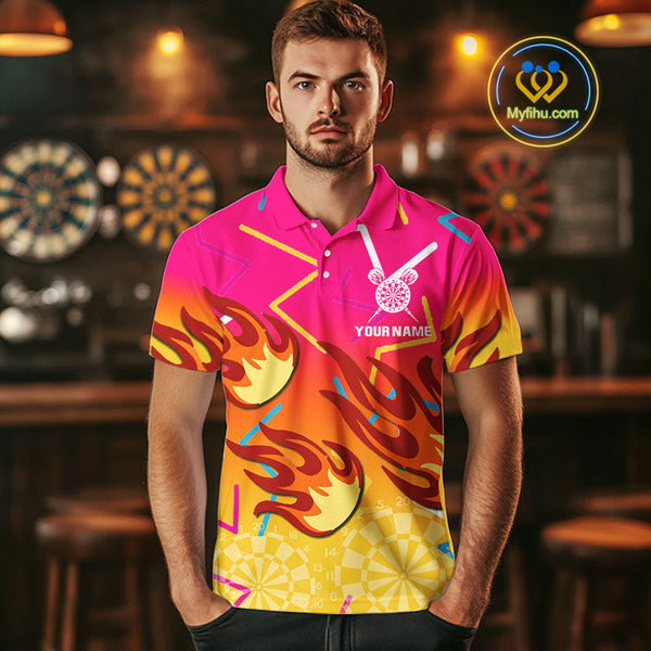 Custom Yellow And Pink Flame Dartboard Dart Team Men Polo Shirt, Dart League Shirt NYN0373