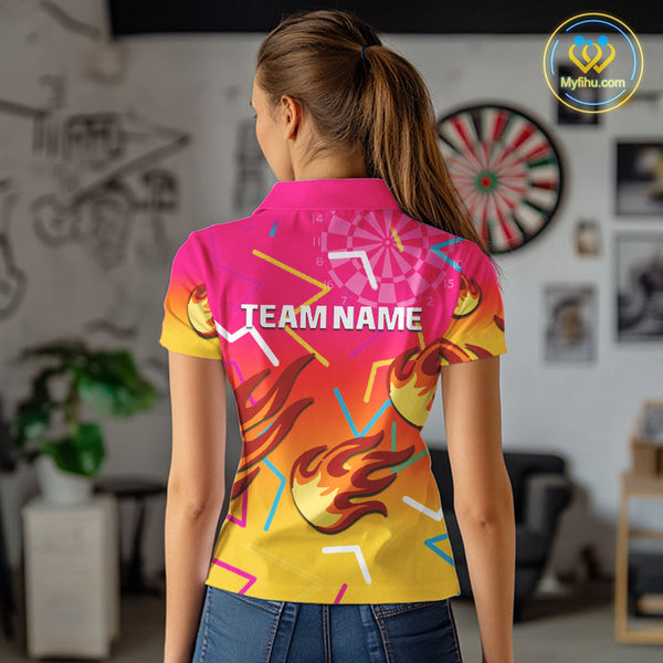 Custom Yellow And Pink Flame Dartboard Dart Team Women Polo Shirt, Dart League Shirt NYN0373