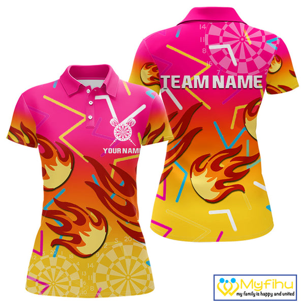 Custom Yellow And Pink Flame Dartboard Dart Team Women Polo Shirt, Dart League Shirt NYN0373