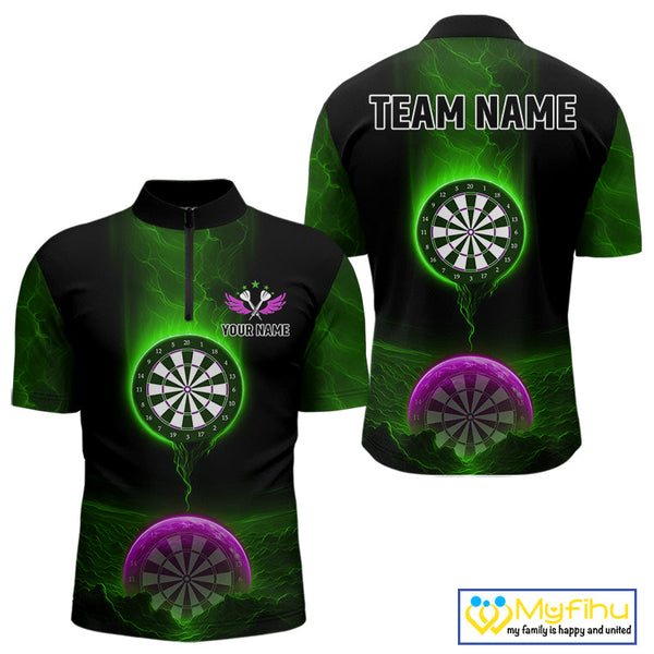 Custom Green And Purple Thunder Lightning Dart Team Men Quarter-Zip Shirt, Dart Jerseys NYN0633