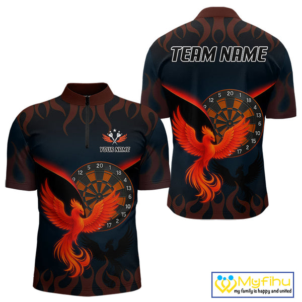 Custom Black Red Flame Phoenix Dartboard Dart Quarter-Zip Shirt For Men, Dart Jerseys NYN0636