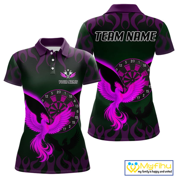 Custom Black Purple Flame Phoenix Dartboard Dart Polo Shirt For Women, Dart Jerseys NYN0638