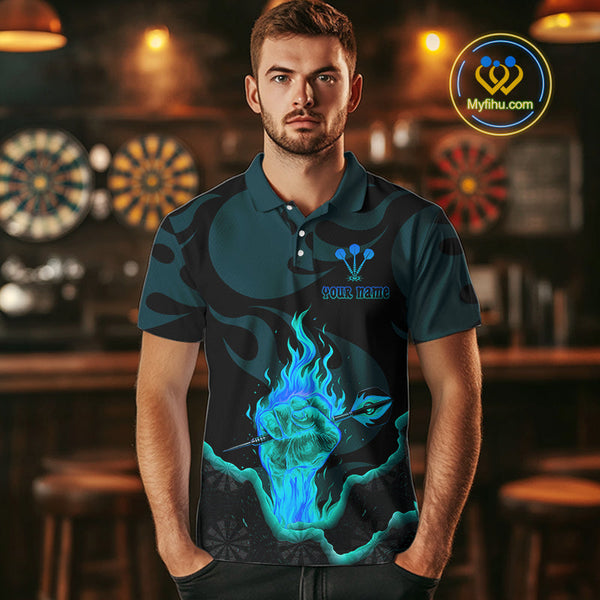 Custom Blue Flame Fist Dart Polo Shirt For Men, Cool Dart Thrower Team Jersey NYN0641