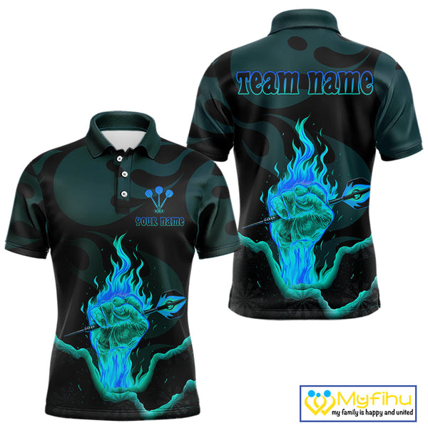 Custom Blue Flame Fist Dart Polo Shirt For Men, Cool Dart Thrower Team Jersey NYN0641