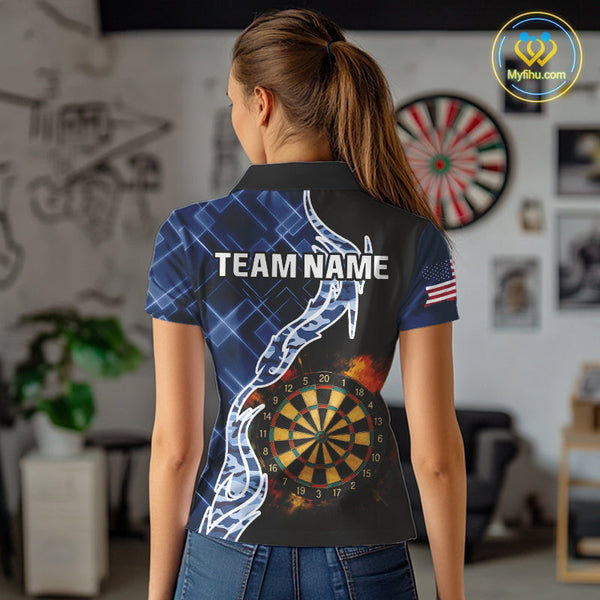 Custom Black And Blue Camo Flame Dartboard Dart Women Polo Shirts, Patriotic Dart Shirt NYN0376