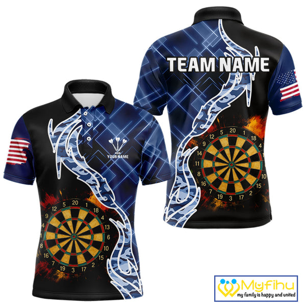 Custom Black And Blue Camo Flame Dartboard Dart Men Polo Shirts, Patriotic Dart Team Shirt NYN0376