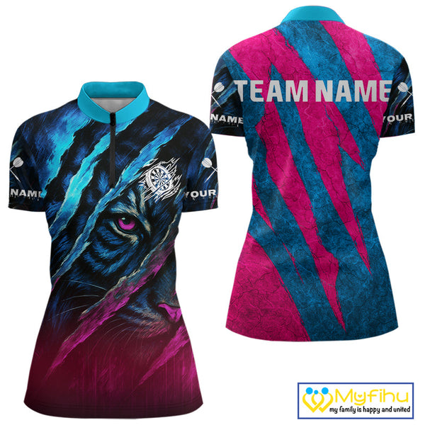 Custom Blue And Pink Tiger Dart Team Women Quarter-Zip Shirts, Tiger Dart Jerseys NYN0377